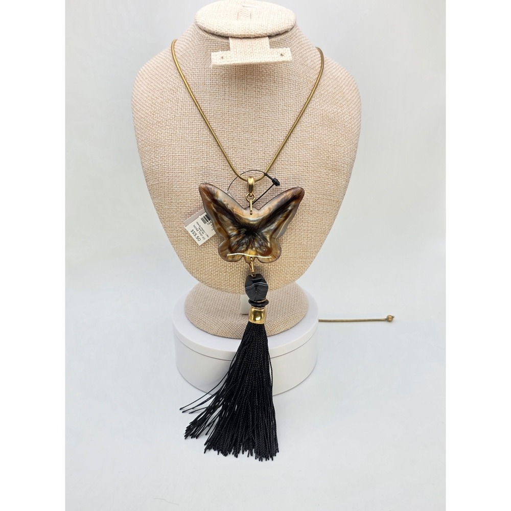 New! CHICO'S Butterfly Necklace Black Tassel Convertible Acrylic Browns Adj. 40"